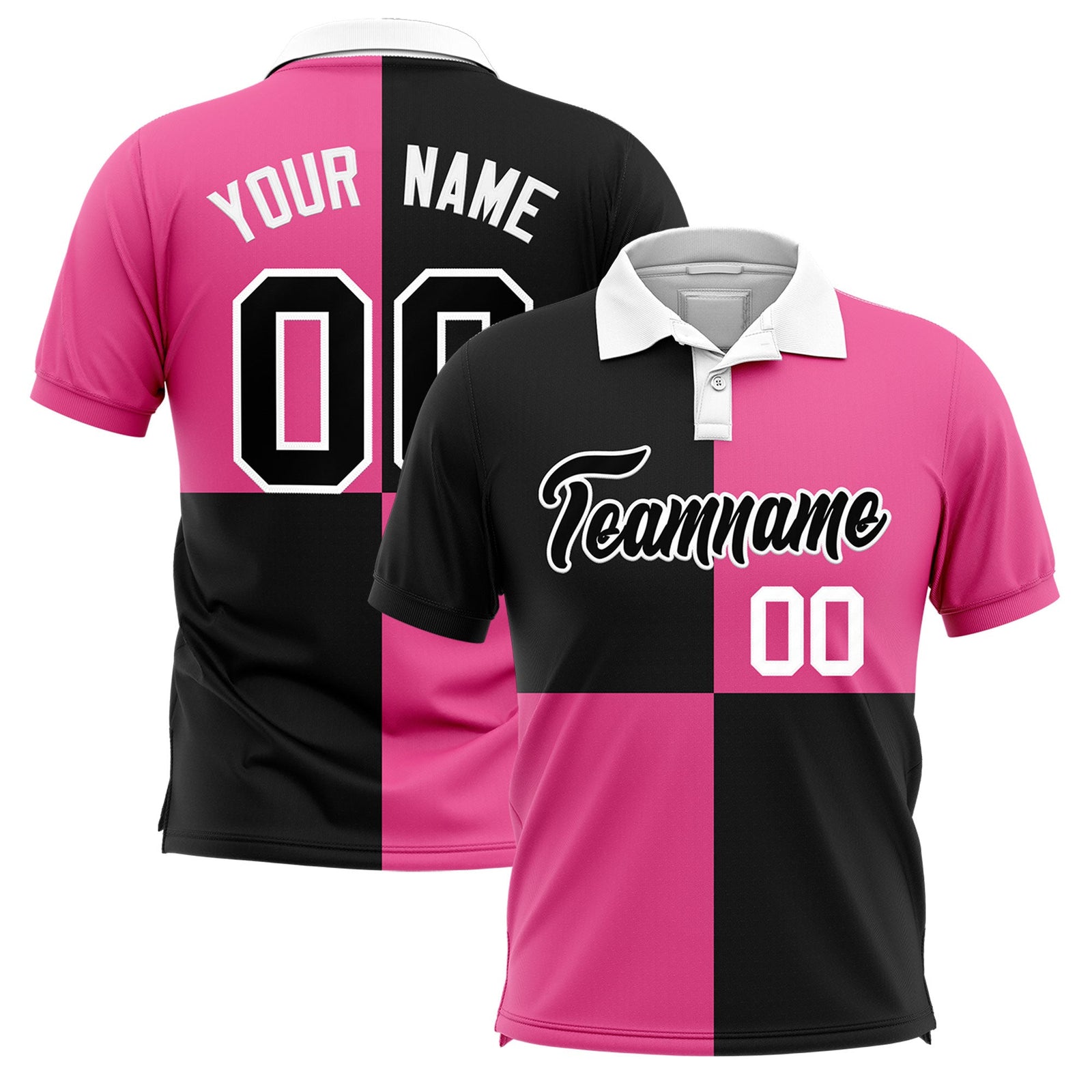 Custom Black Pink Four Squares Design Performance Polo Shirt
