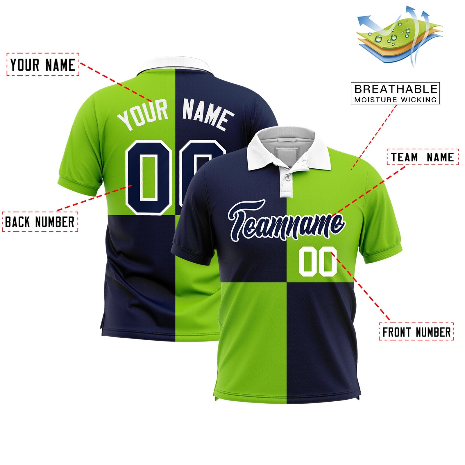 Custom Navy Neon Green Four Squares Design Performance Polo Shirt