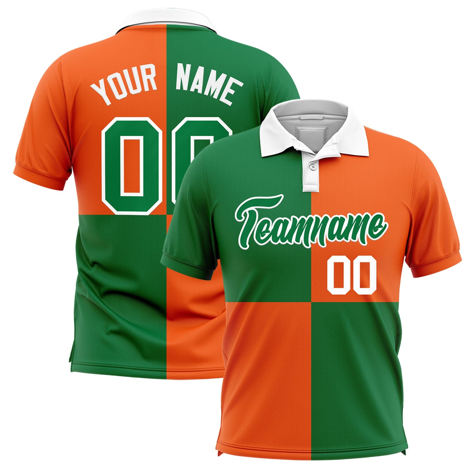 Custom Kelly Green Orange Four Squares Design Performance Polo Shirt