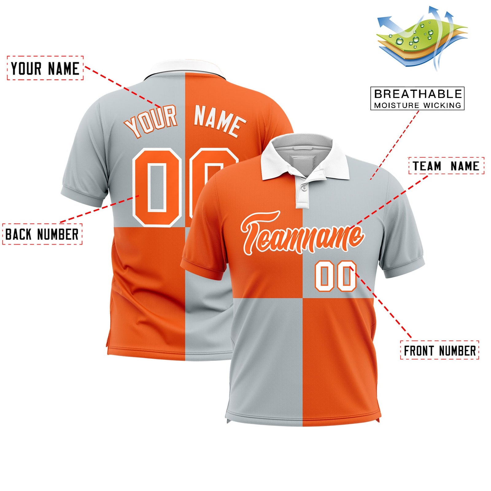 Custom Orange Silver Four Squares Design Performance Polo Shirt
