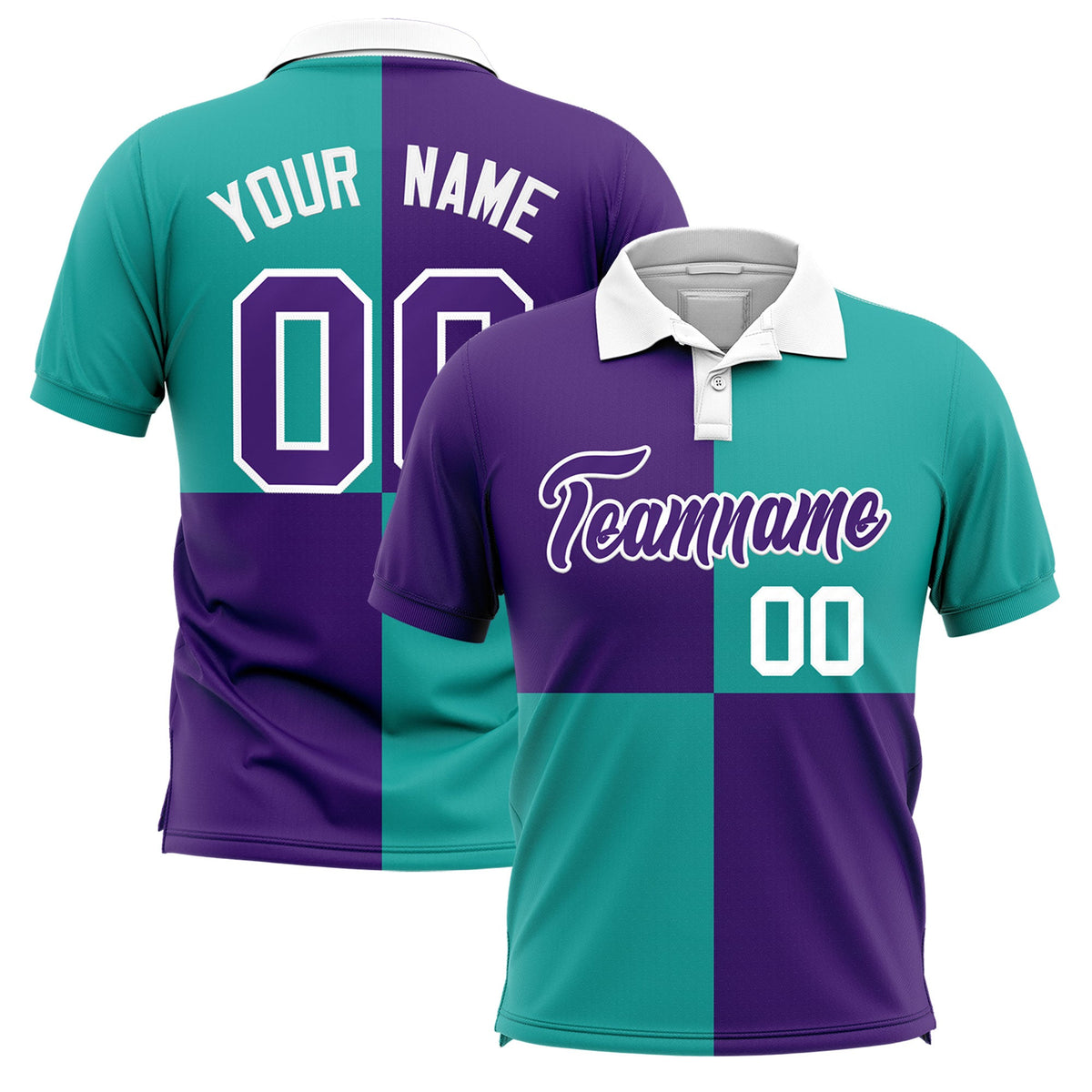 Custom Purple Aqua Four Squares Design Performance Polo Shirt