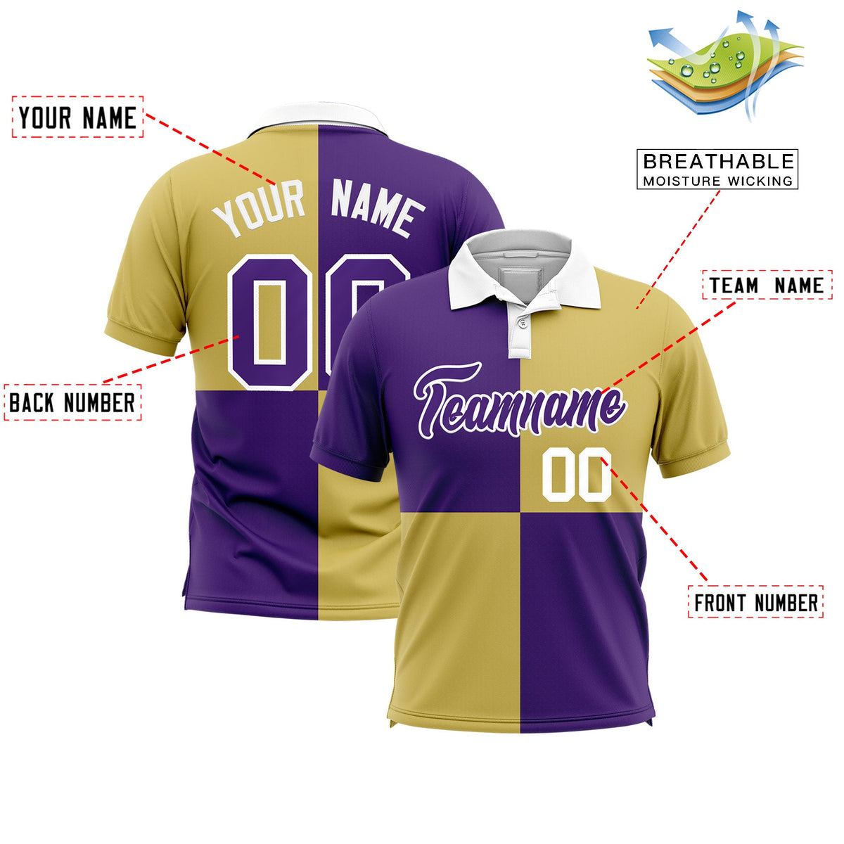 Custom Purple Old Gold Four Squares Design Performance Polo Shirt