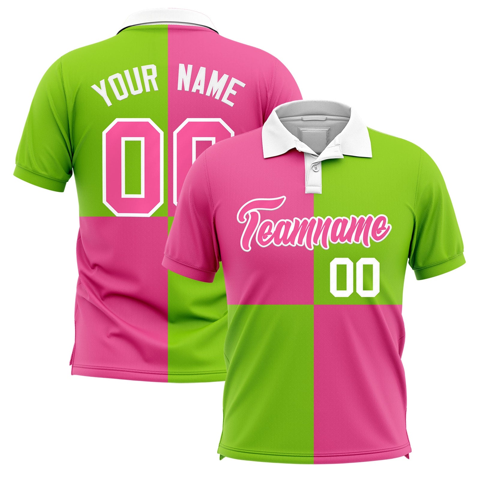 Custom Pink Neon Green Four Squares Design Performance Polo Shirt