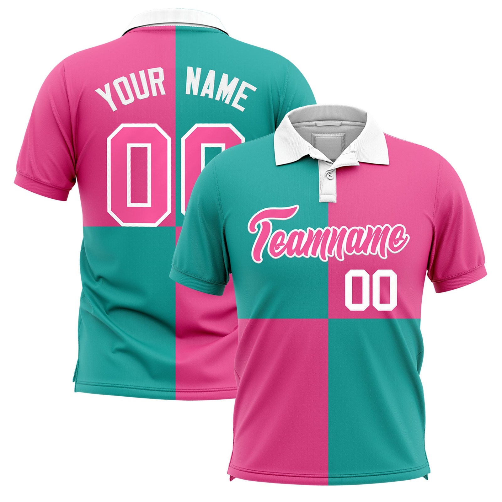 Custom Aqua Pink Four Squares Design Performance Polo Shirt