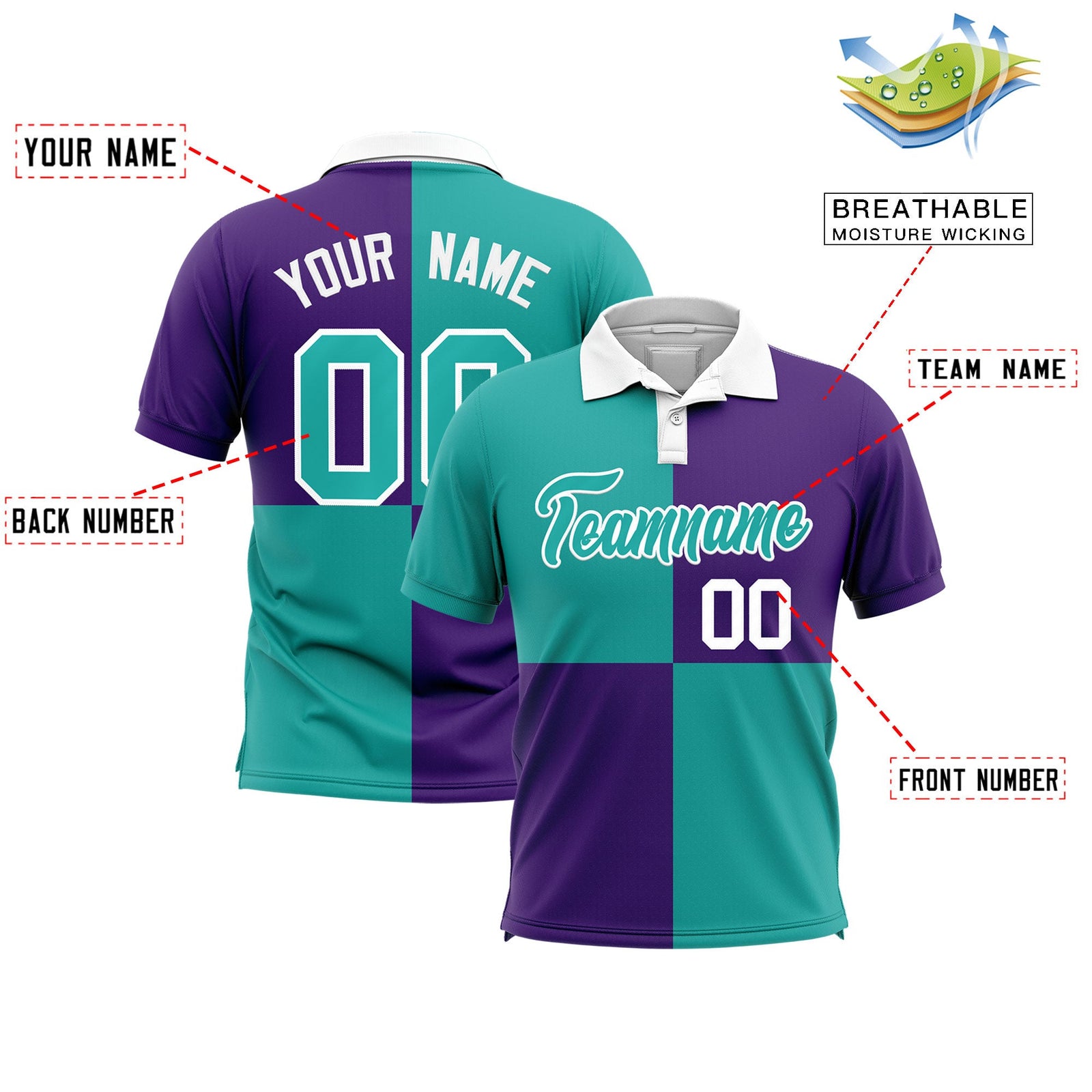 Custom Aqua Purple Four Squares Design Performance Polo Shirt