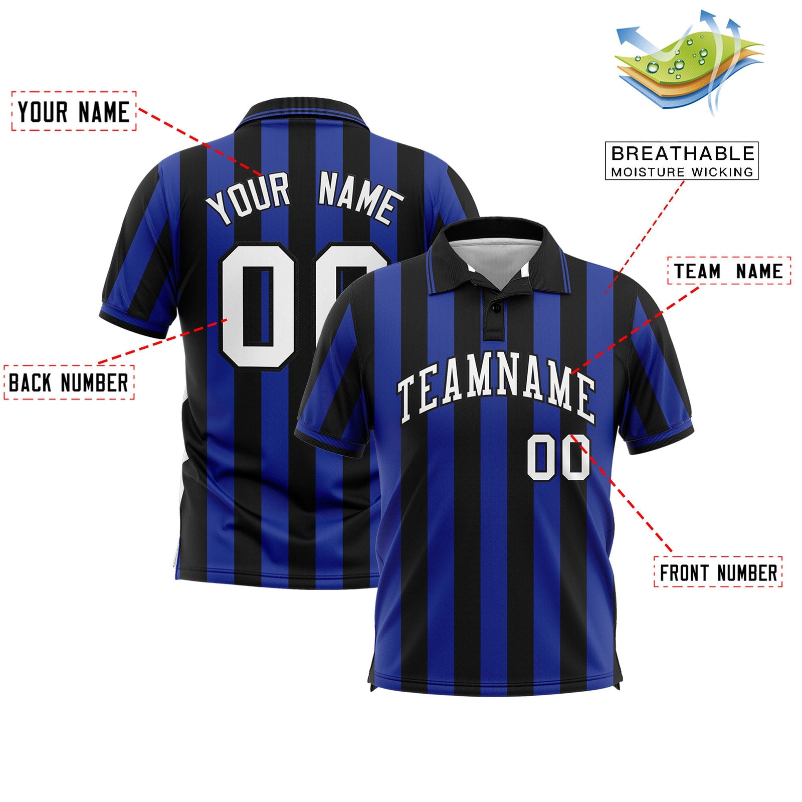 Custom Black Royal Vertical Stripes Design Performance Polo Shirt
