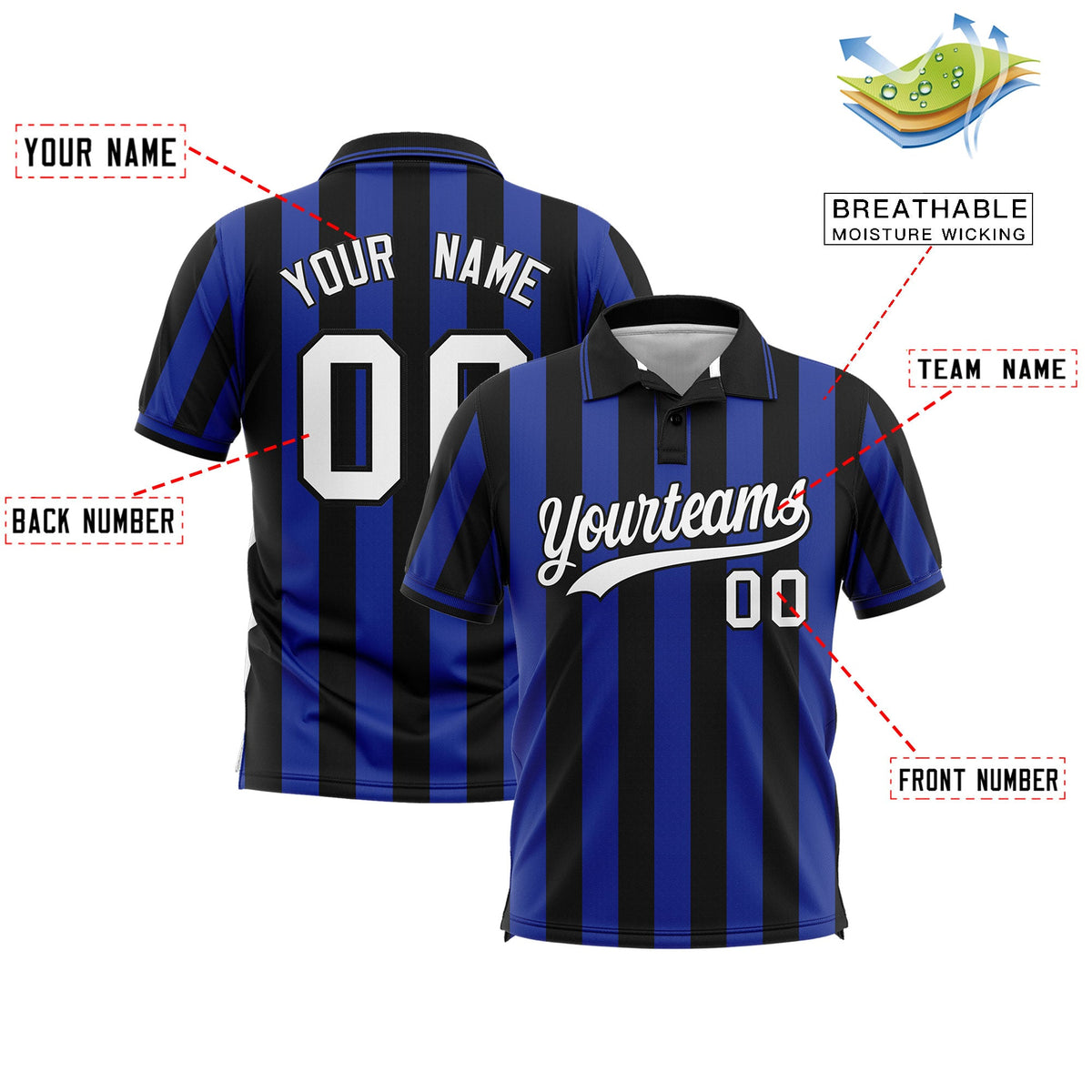 Custom Black Royal Vertical Stripes Design Performance Polo Shirt