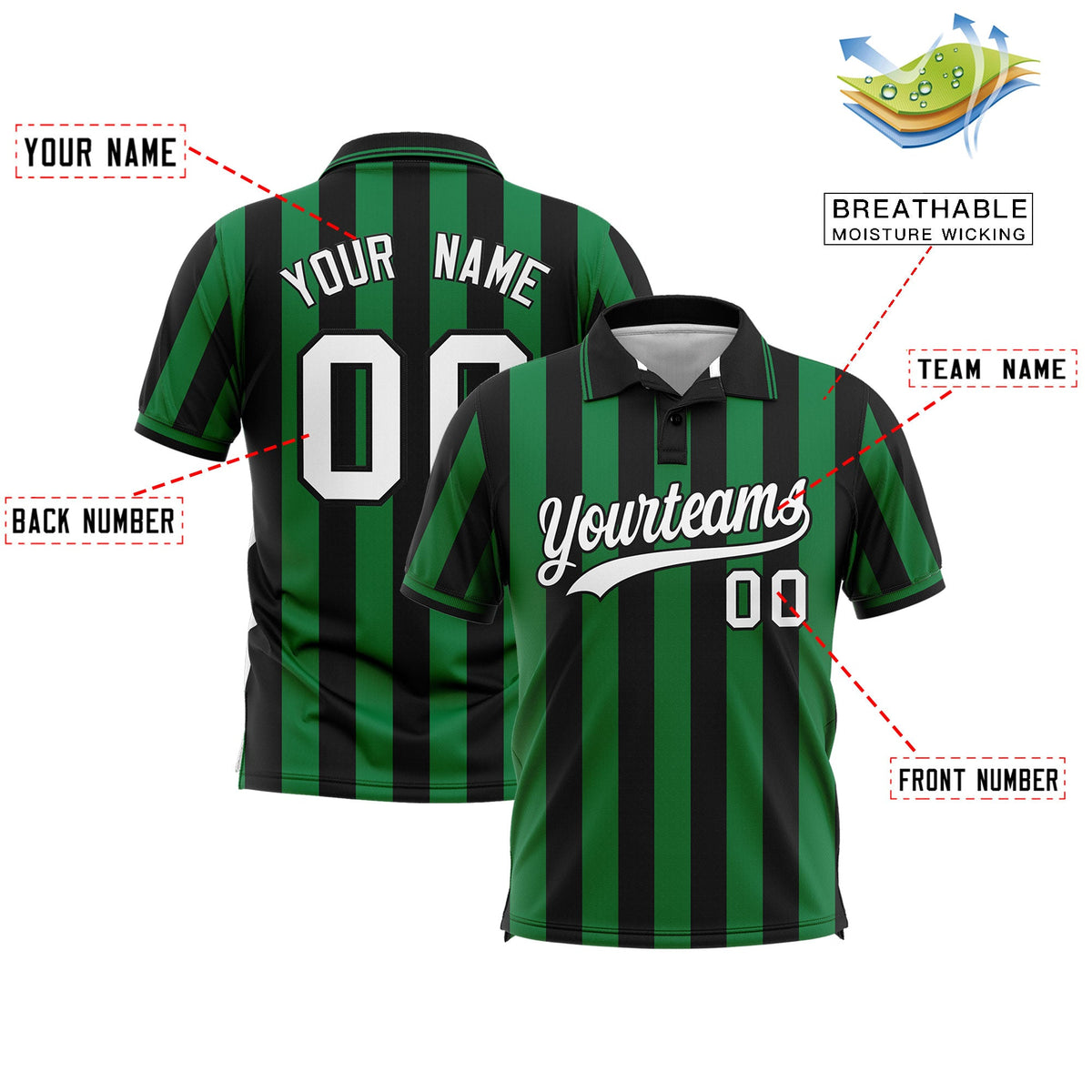Custom Black Kelly Green Vertical Stripes Design Performance Polo Shirt