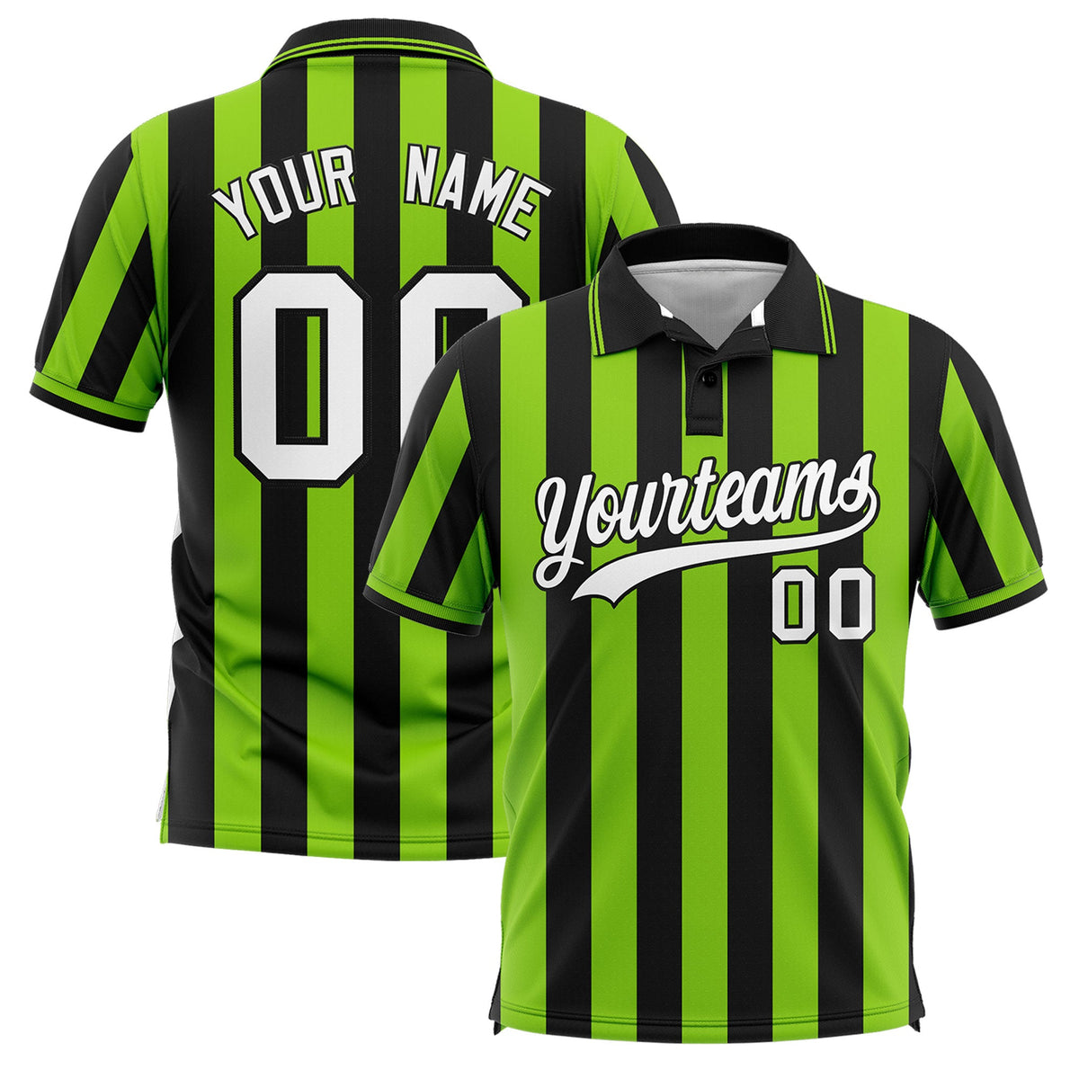 Custom Black Neon Green Vertical Stripes Design Performance Polo Shirt