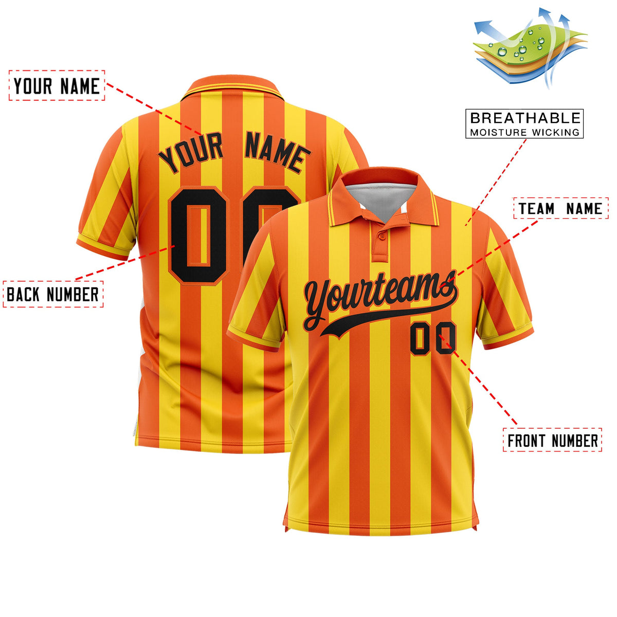 Custom Orange Gold Vertical Stripes Design Performance Polo Shirt
