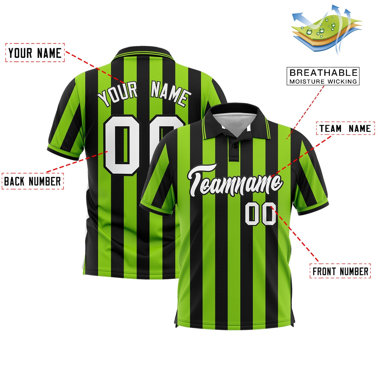 Custom Black Neon Green Vertical Stripes Design Performance Polo Shirt