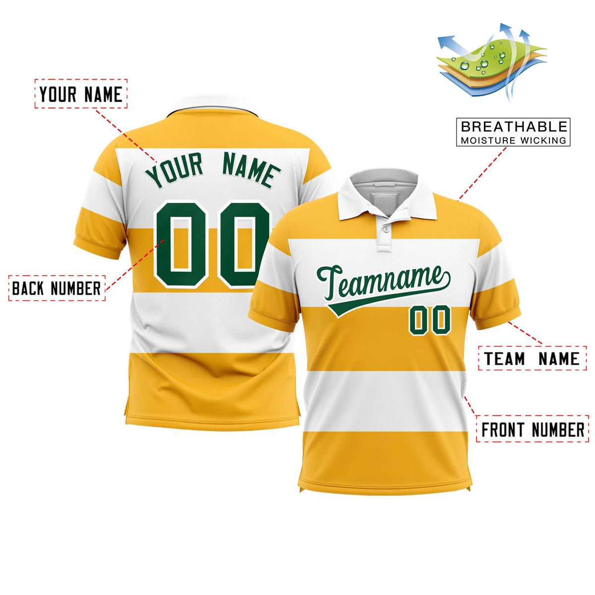 Custom White-Gold Horizontal Stripe Design Performance Polo Shirt