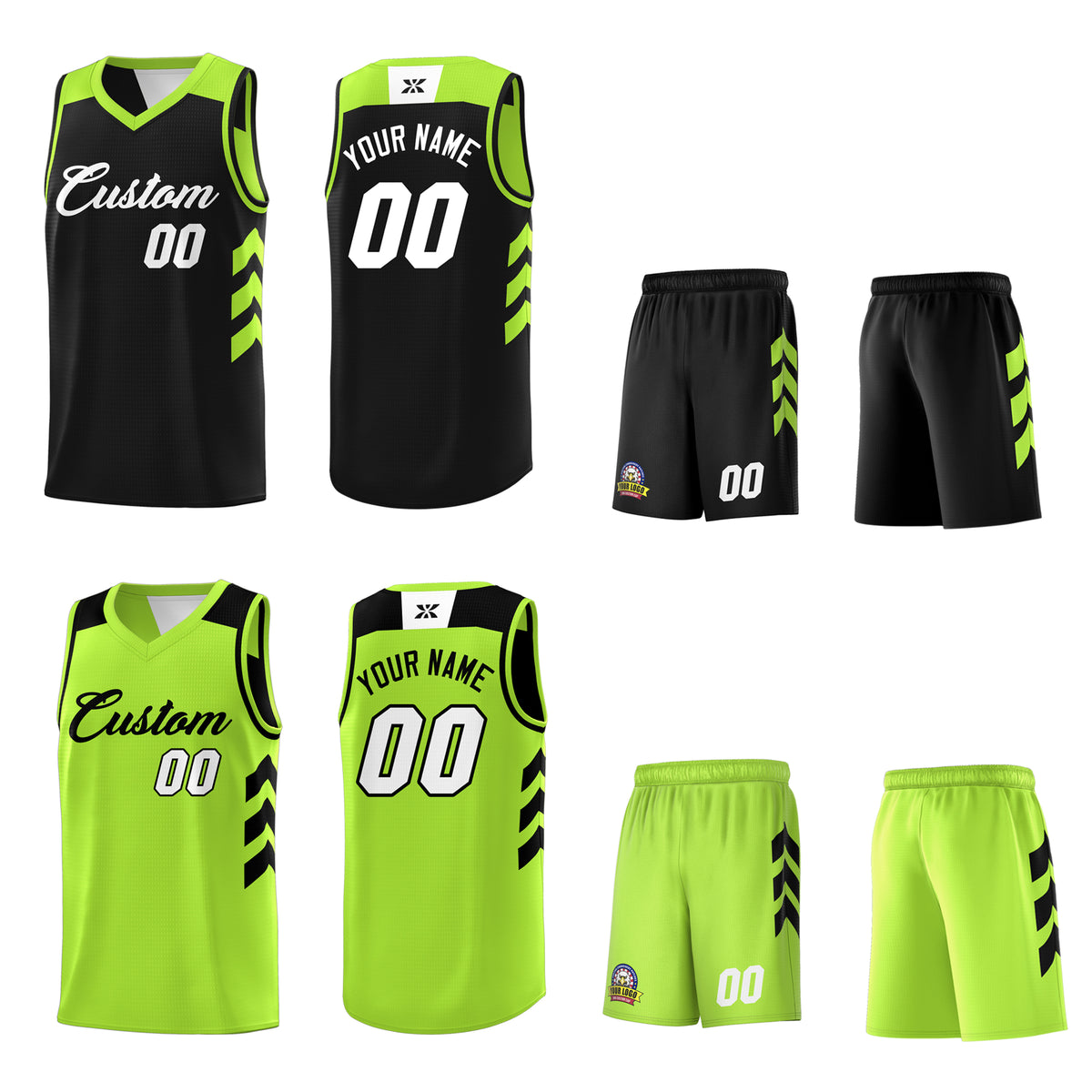 Custom Black Neon Green Reversible Double Side Tops Basketball Jersey