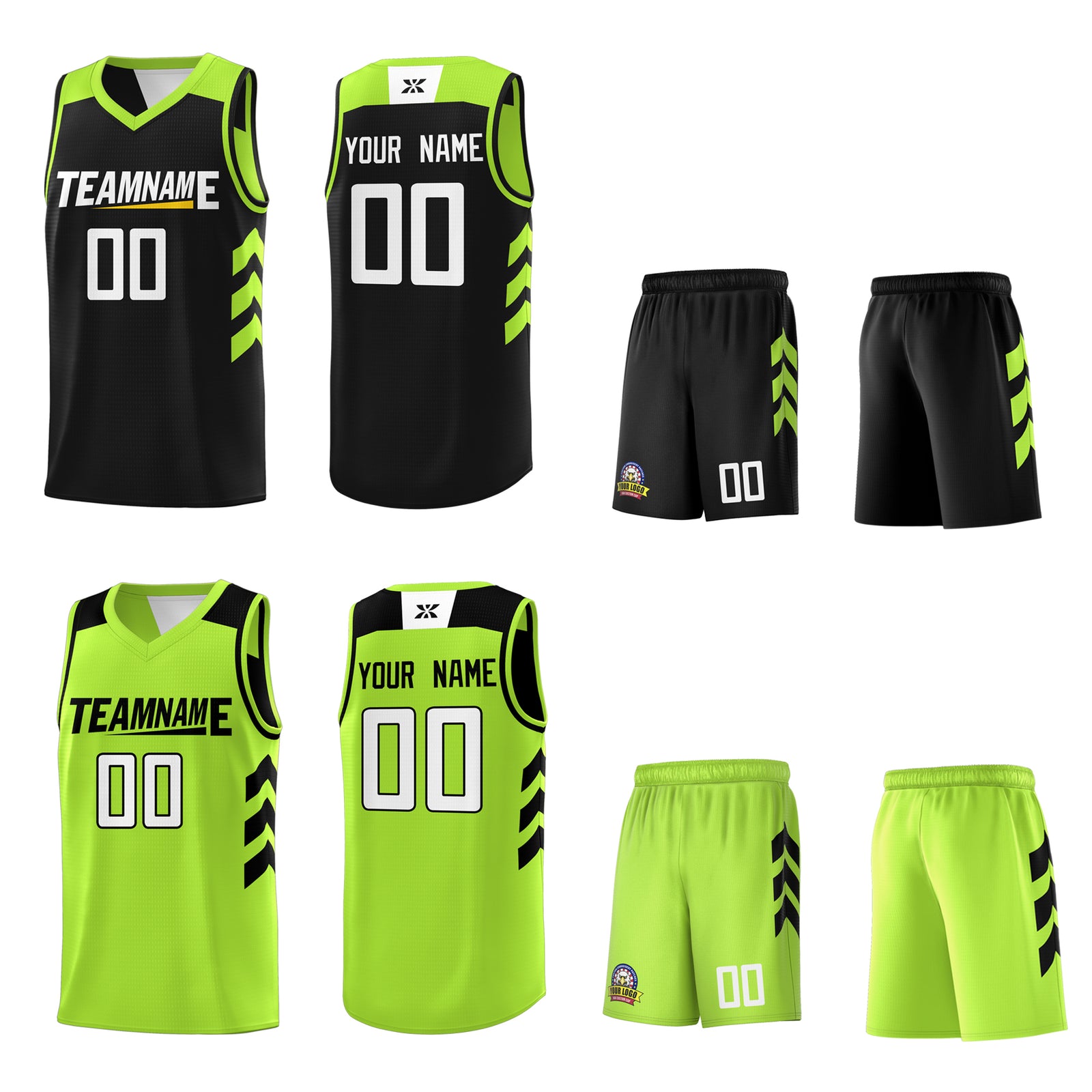 Custom Black Neon Green Reversible Double Side Tops Basketball Jersey