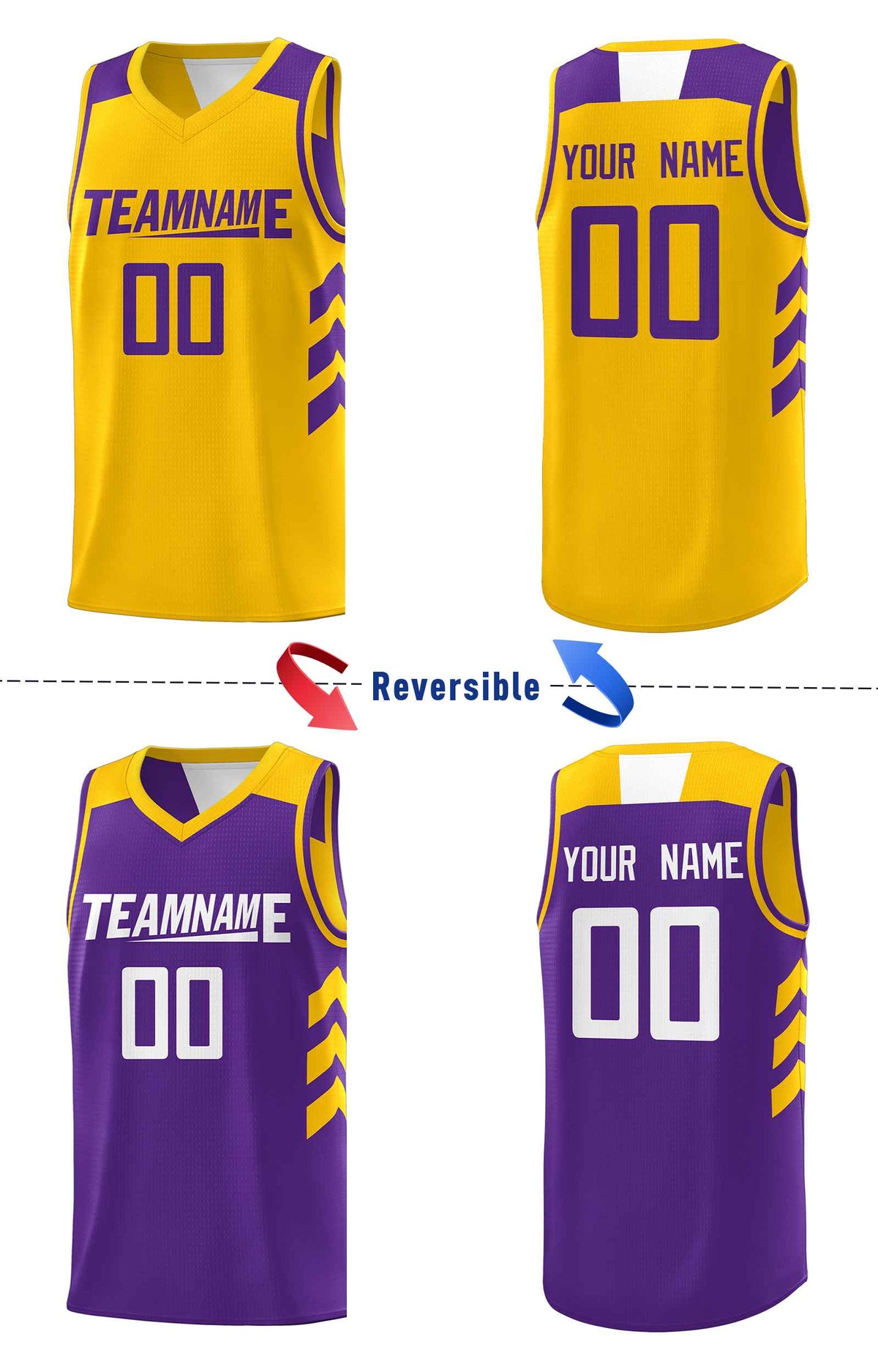Custom Purple Yellow-White Double Side Sets Men Basketball Jersey