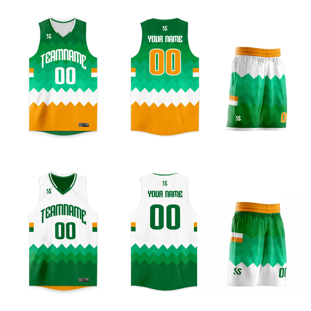 Custom Green White-Yellow Double Side Sets Sportswear Basketball Jersey