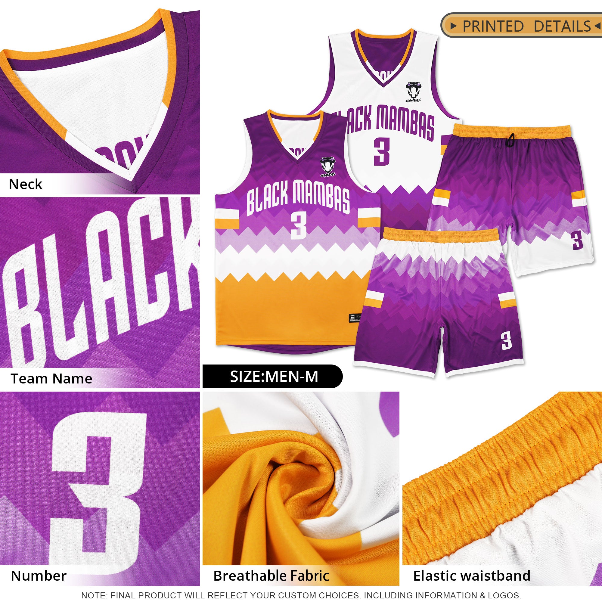 Custom Purple Yellow-White Double Side Sets Sportswear Basketball Jersey