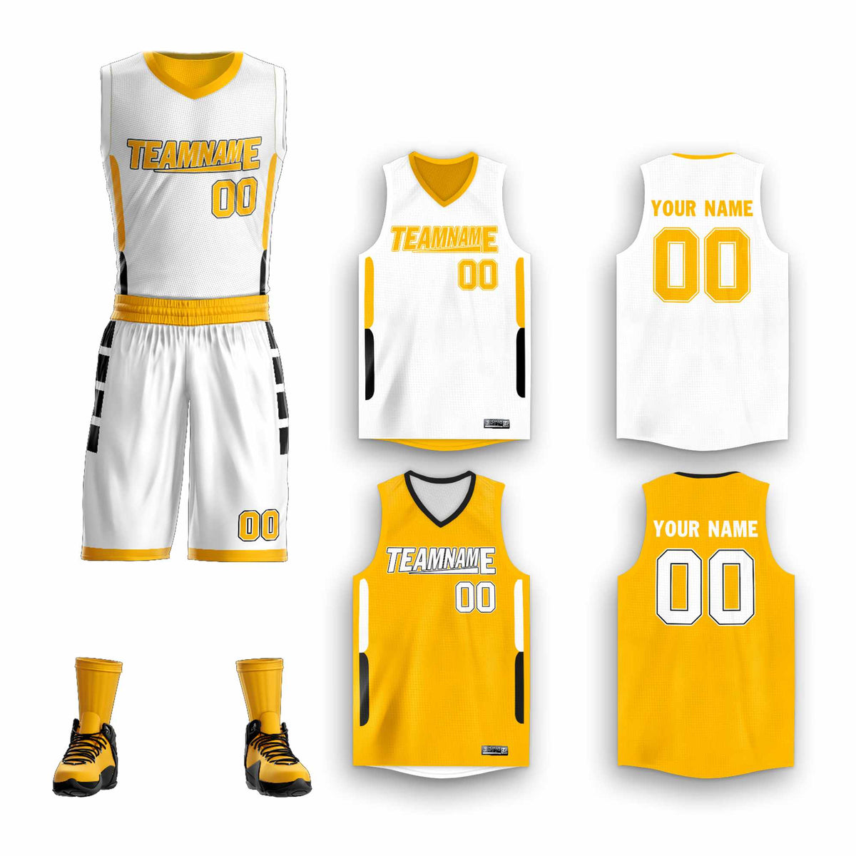 Custom White Yellow Double Side Sets Design Sportswear Basketball Jersey