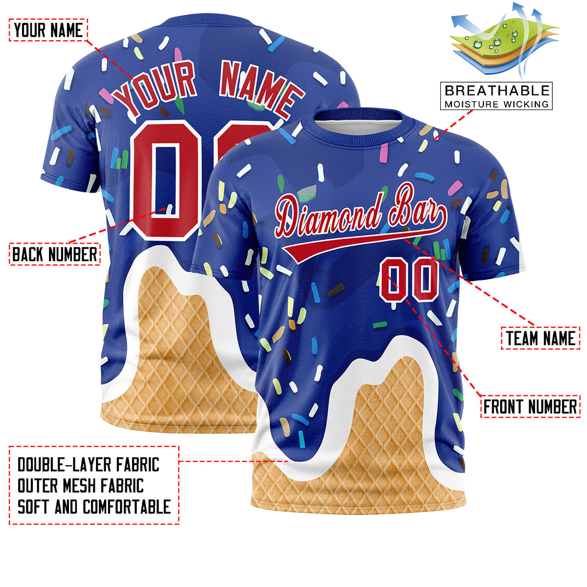 Custom Royal Ice Cream Cone Graffiti Pattern Fashion Crew neck T-Shirts Full Sublimated