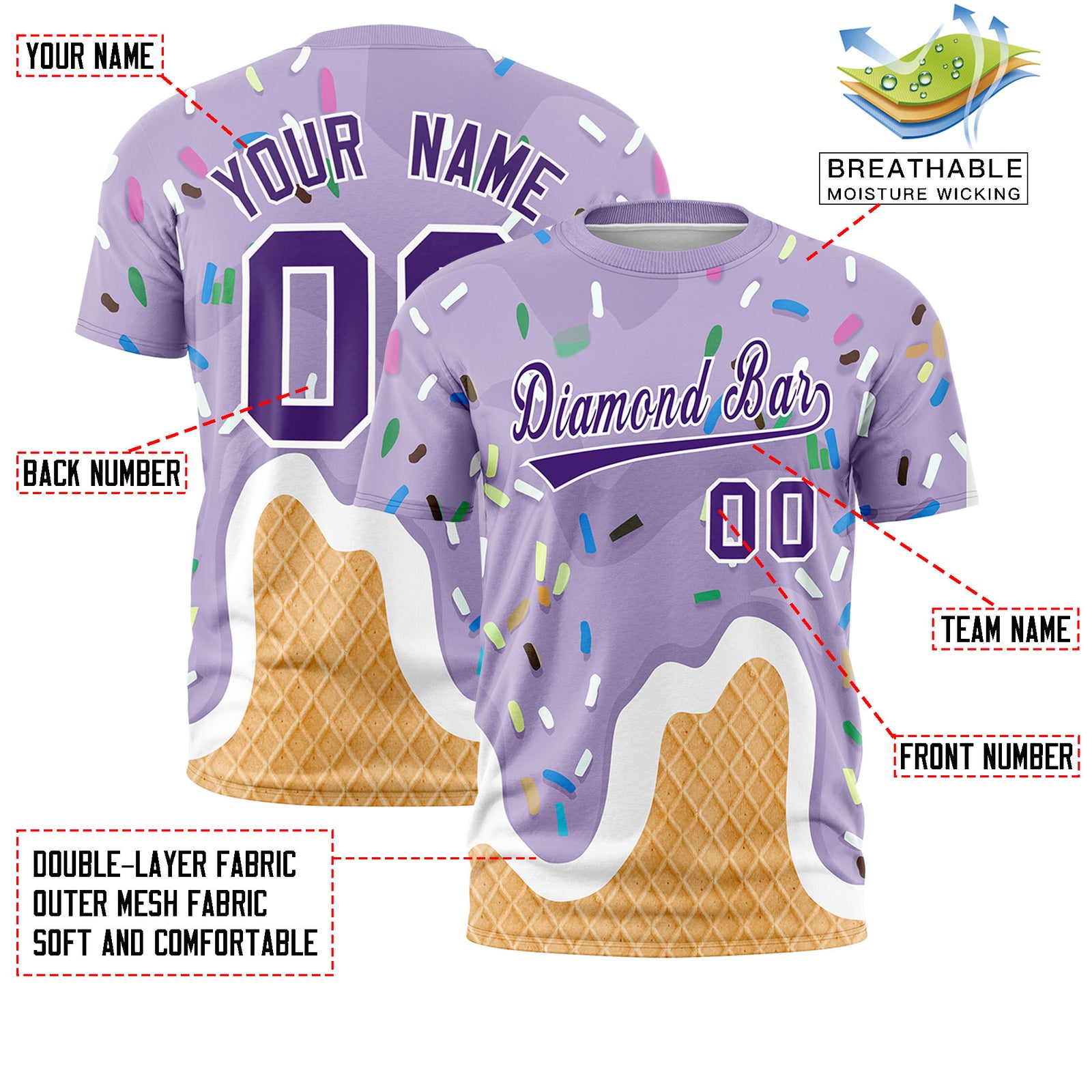 Custom Light Purple Ice Cream Cone Graffiti Pattern Fashion Crew neck T-Shirts Full Sublimated