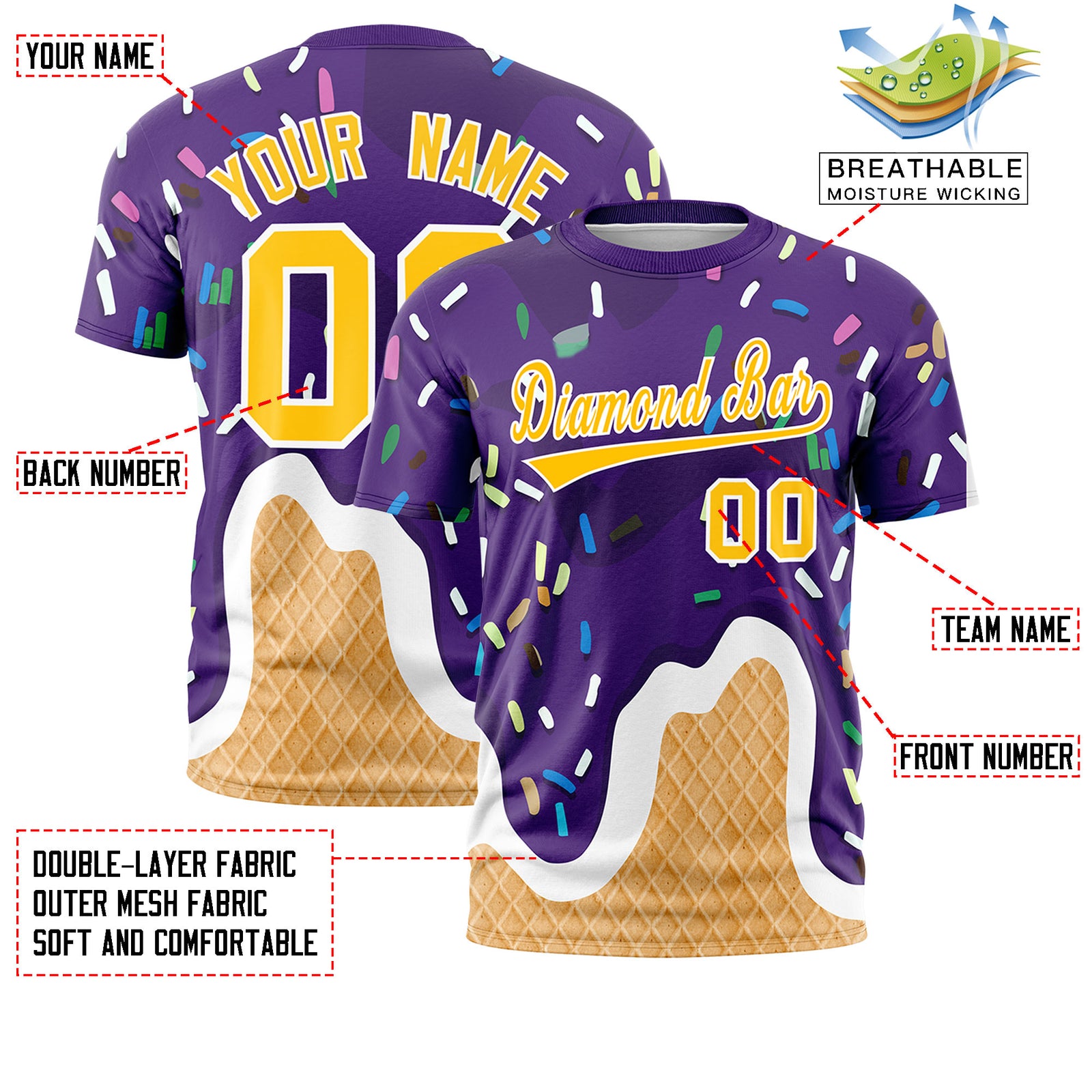 Custom Purple Yellow Ice Cream Cone Graffiti Pattern Fashion Crew neck T-Shirts Full Sublimated