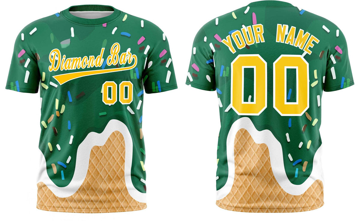 Custom Kelly Green Ice Cream Cone Graffiti Pattern Fashion Crew neck T-Shirts Full Sublimated