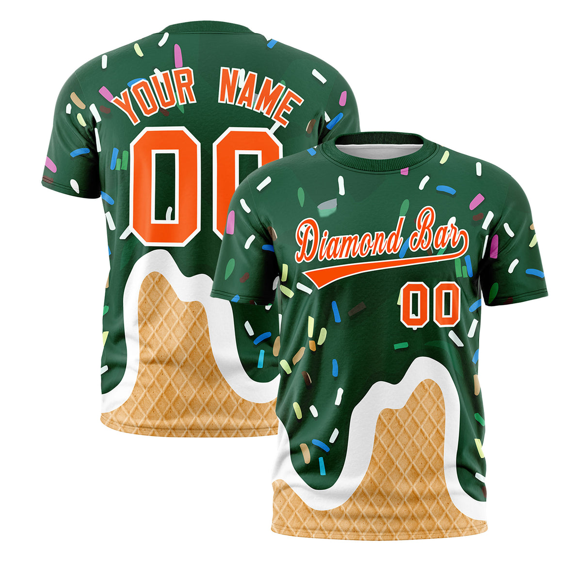 Custom Green Ice Cream Cone Graffiti Pattern Fashion Crew neck T-Shirts Full Sublimated