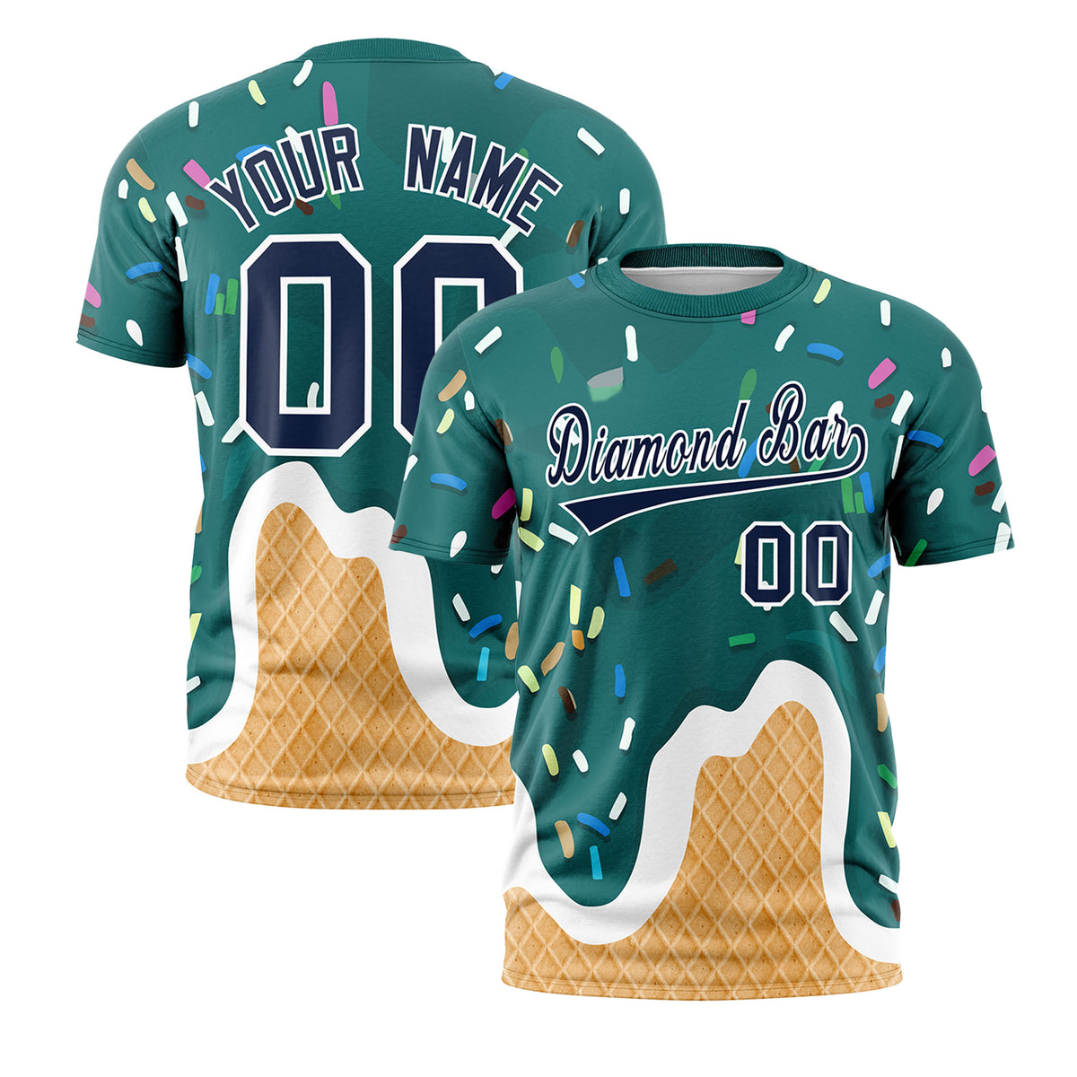 Custom Aqua Ice Cream Cone Graffiti Pattern Fashion Crew neck T-Shirts Full Sublimated