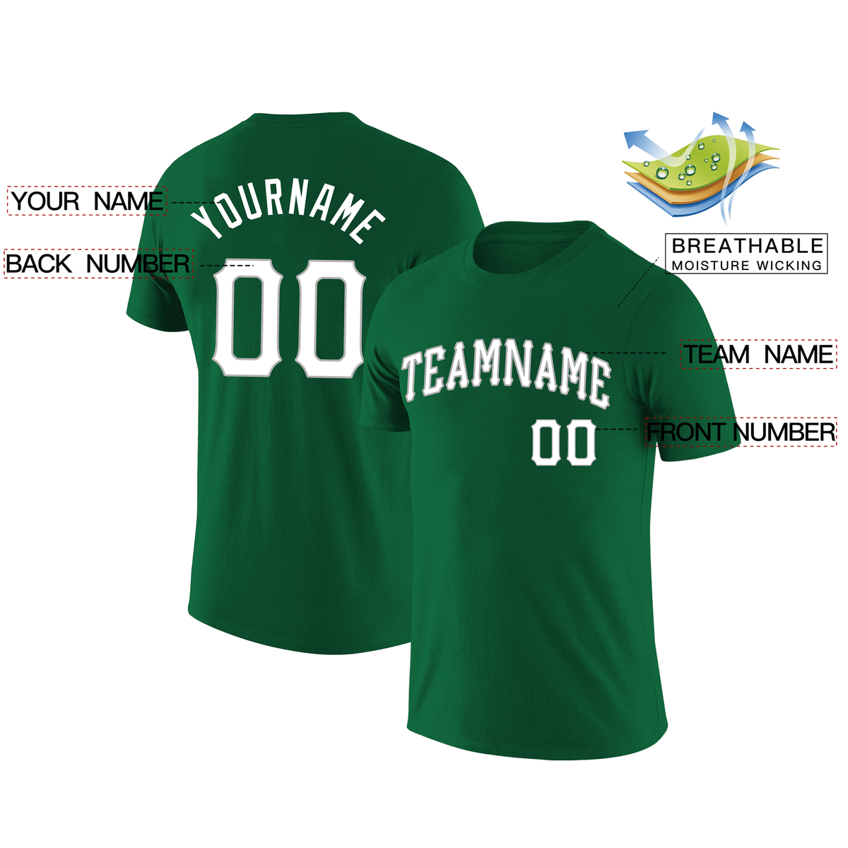 Custom Kelly Green White Classic Style Crew neck T-Shirts Full Sublimated