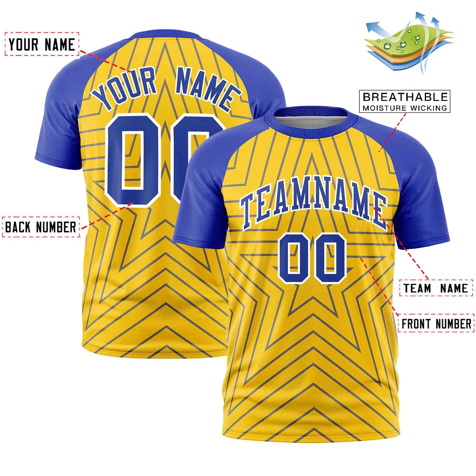Custom Gold Royal Personalized Star Pattern Raglan Sleeves Performance T-Shirt