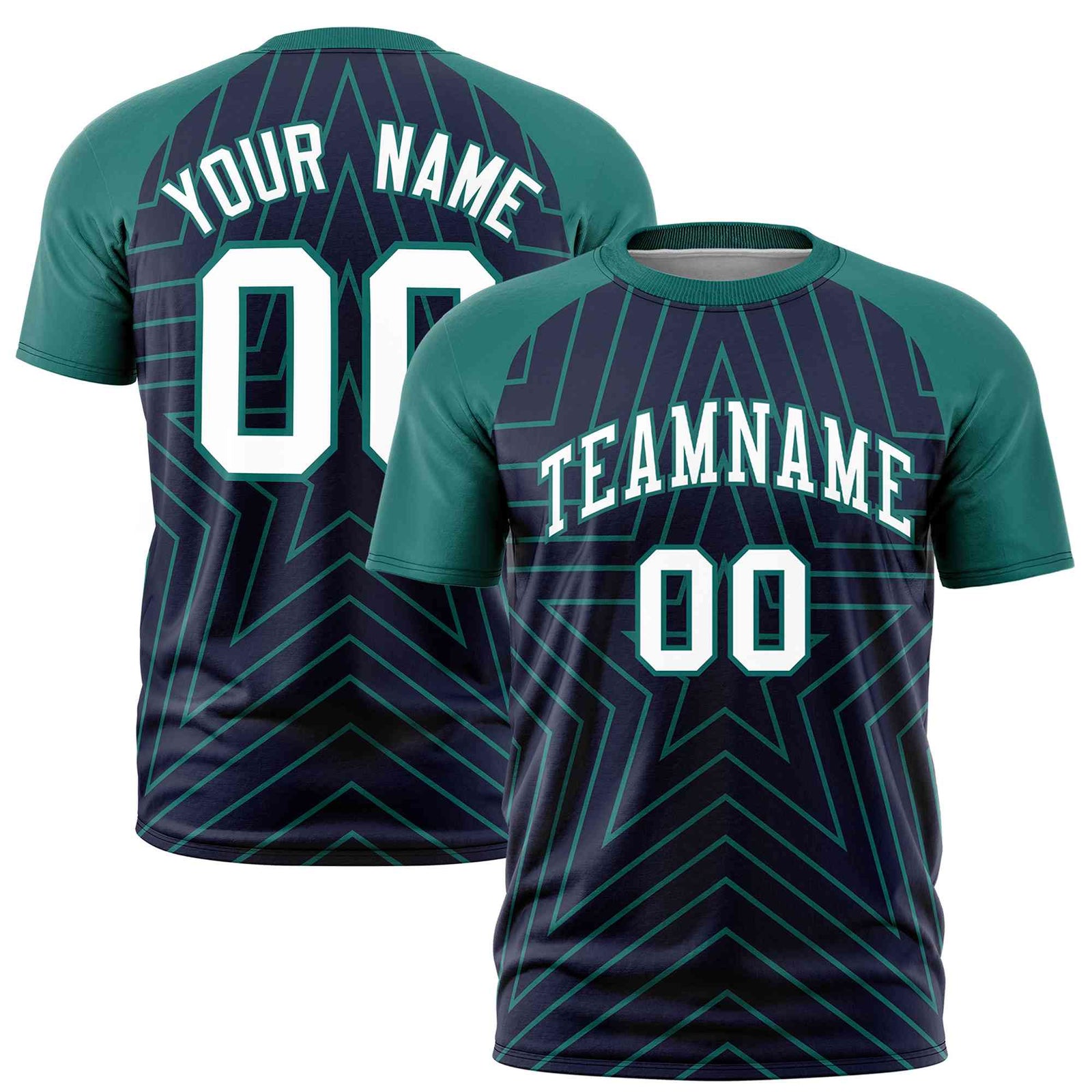 Custom Navy Aqua Personalized Star Pattern Raglan Sleeves Performance T-Shirt