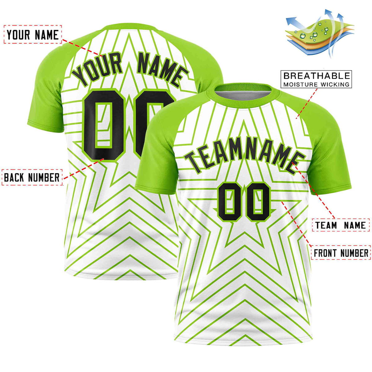 Custom White Neon Green Personalized Star Pattern Raglan Sleeves Performance T-Shirt
