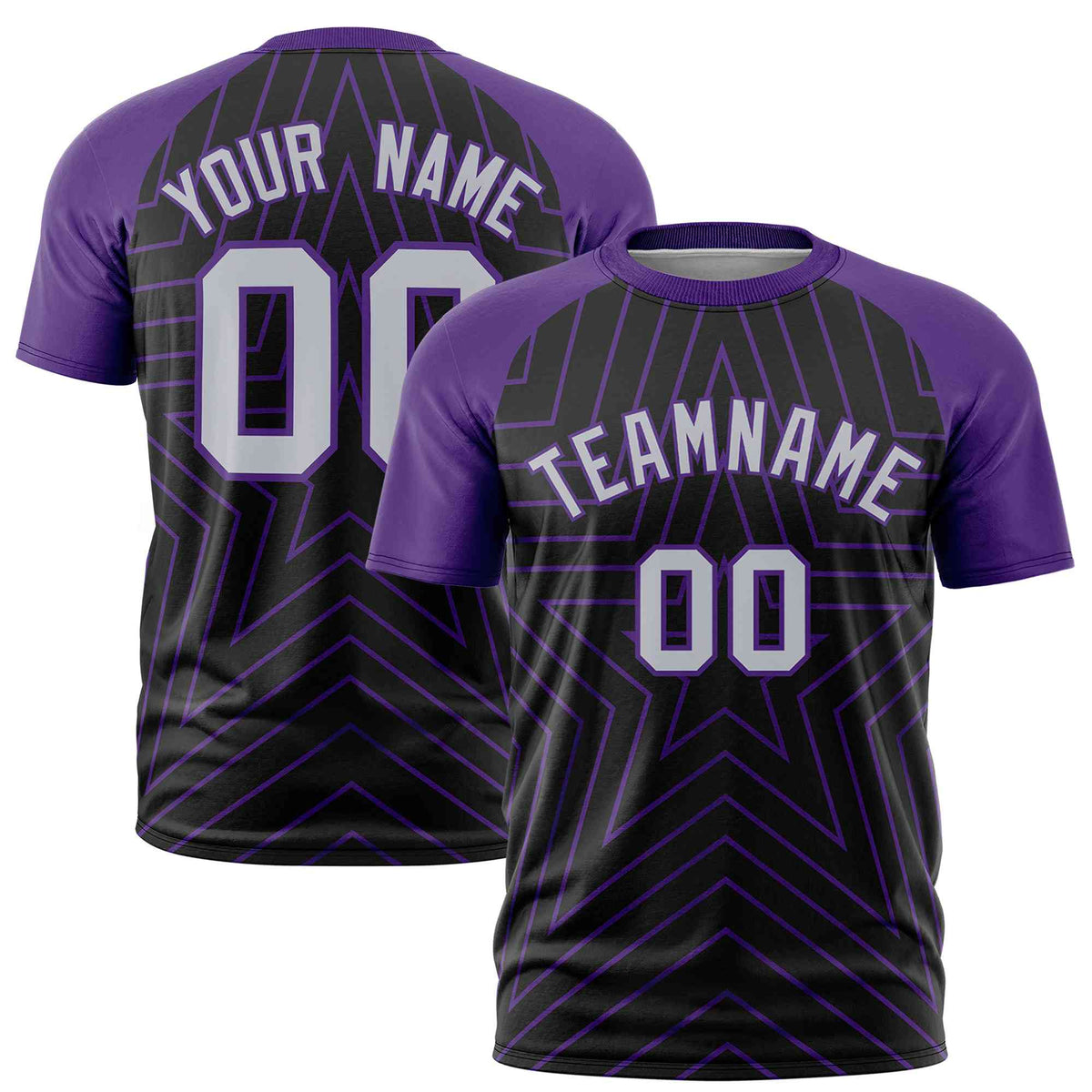 Custom Black Purple Personalized Star Pattern Raglan Sleeves Performance T-Shirt
