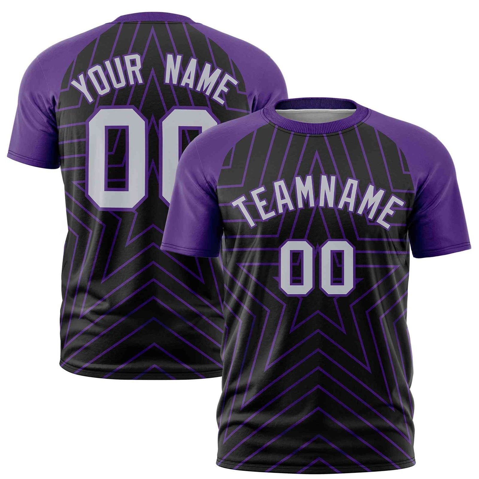 Custom Black Purple Personalized Star Pattern Raglan Sleeves Performance T-Shirt
