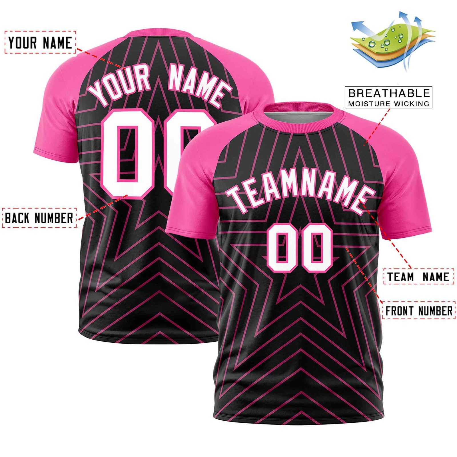 Custom Black Pink Personalized Star Pattern Raglan Sleeves Performance T-Shirt