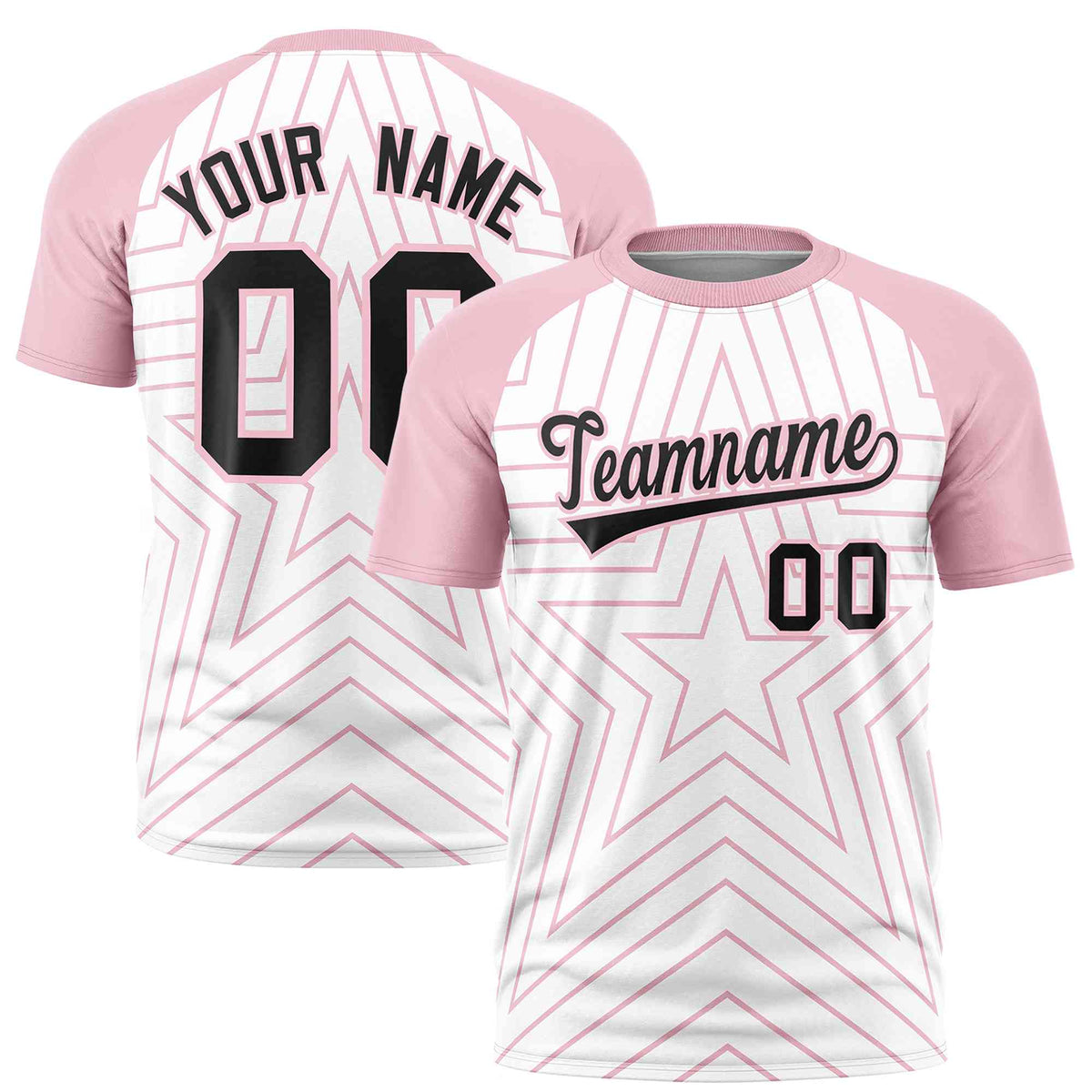 Custom White Light Pink Personalized Star Pattern Raglan Sleeves Performance T-Shirt