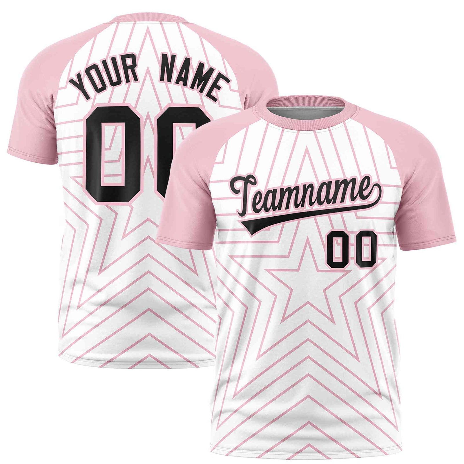 Custom White Light Pink Personalized Star Pattern Raglan Sleeves Performance T-Shirt