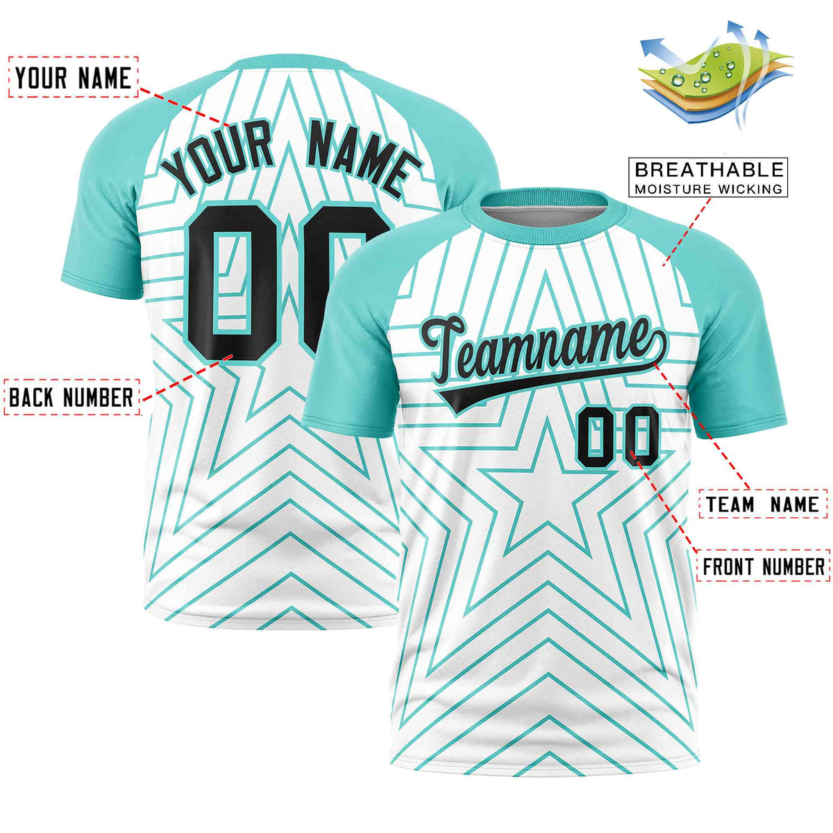 Custom White Aqua Personalized Star Pattern Raglan Sleeves Performance T-Shirt