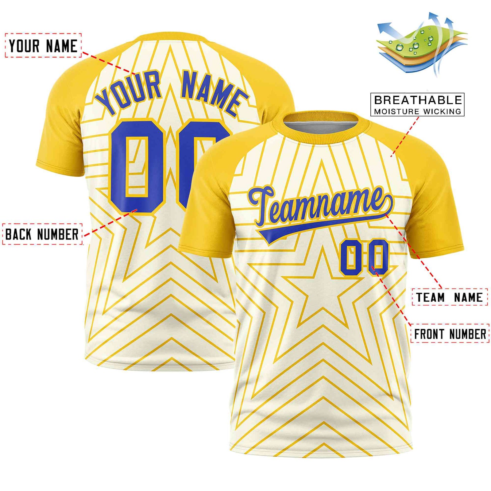 Custom Cream Gold Personalized Star Pattern Raglan Sleeves Performance T-Shirt