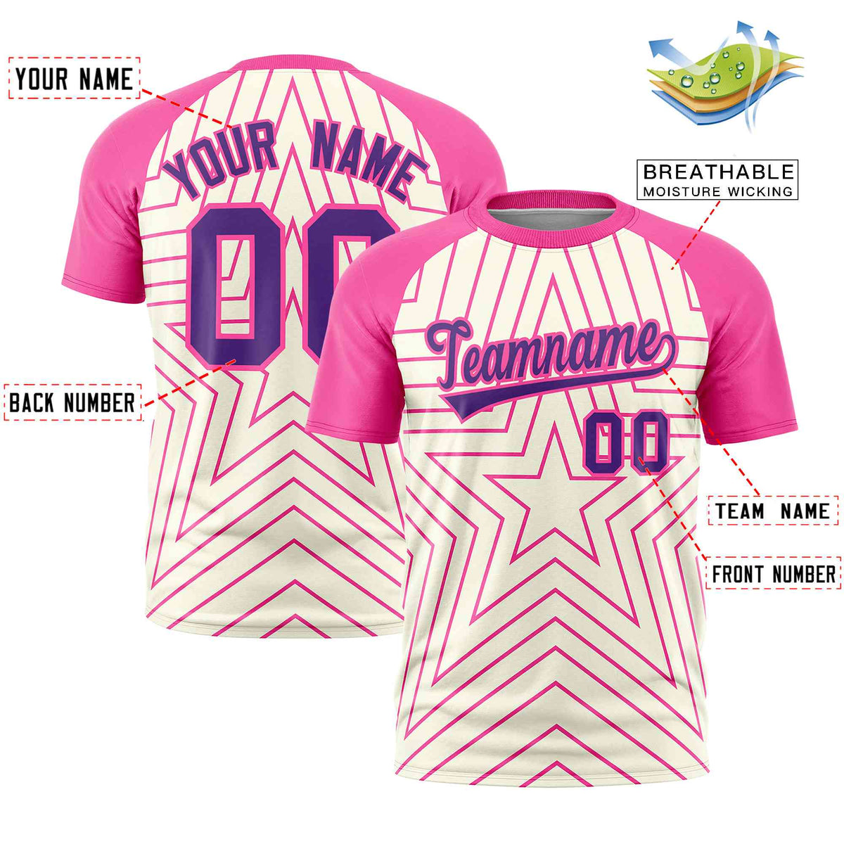 Custom Cream Pink Personalized Star Pattern Raglan Sleeves Performance T-Shirt