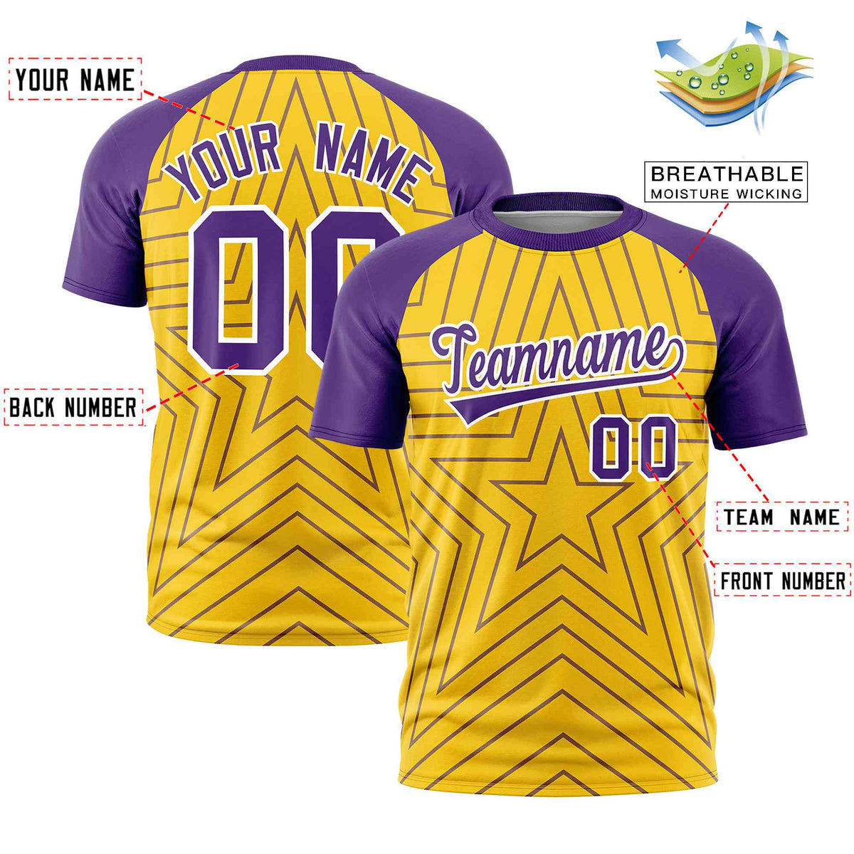 Custom Gold Purple Personalized Star Pattern Raglan Sleeves Performance T-Shirt