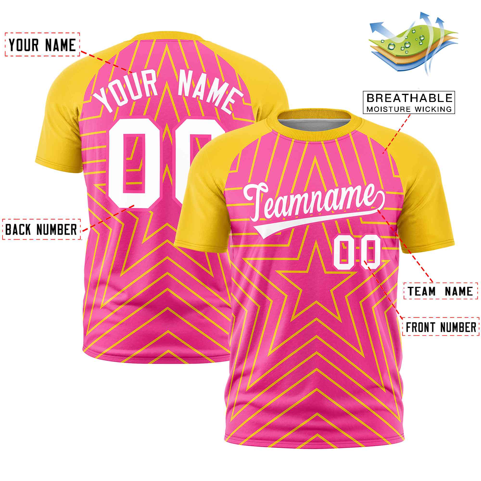 Custom Pink Gold Personalized Star Pattern Raglan Sleeves Performance T-Shirt