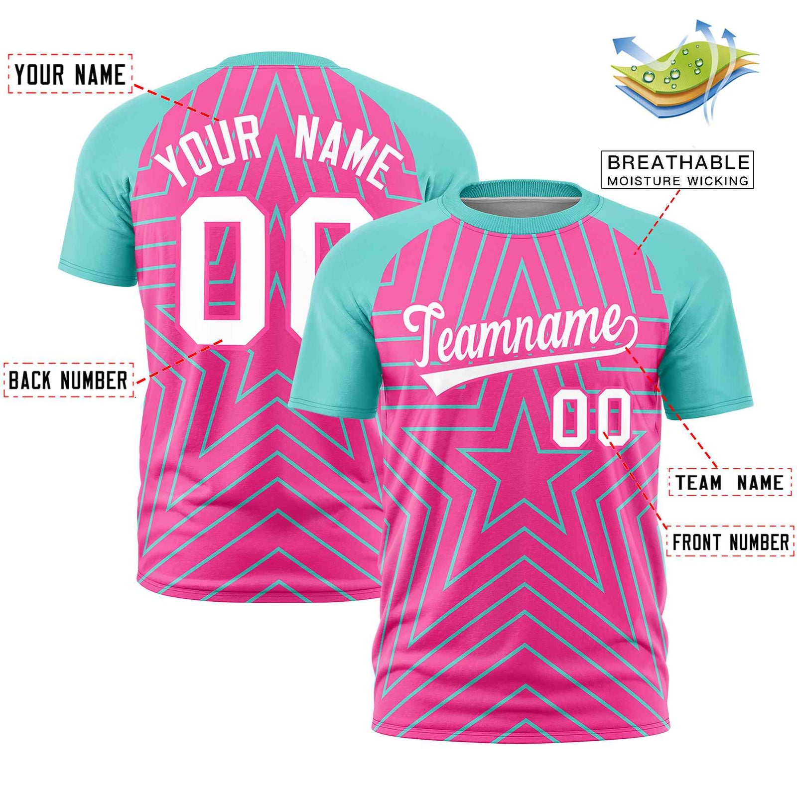Custom Pink Aqua Personalized Star Pattern Raglan Sleeves Performance T-Shirt