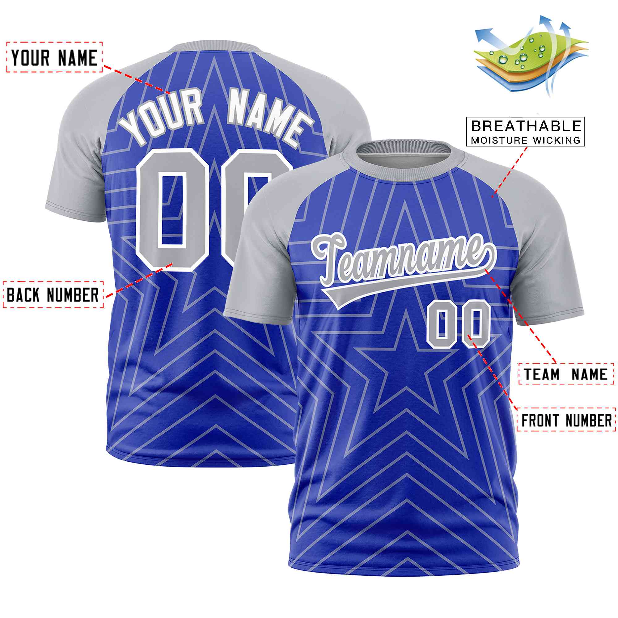 Custom Royal Gray Personalized Star Pattern Raglan Sleeves Performance T-Shirt