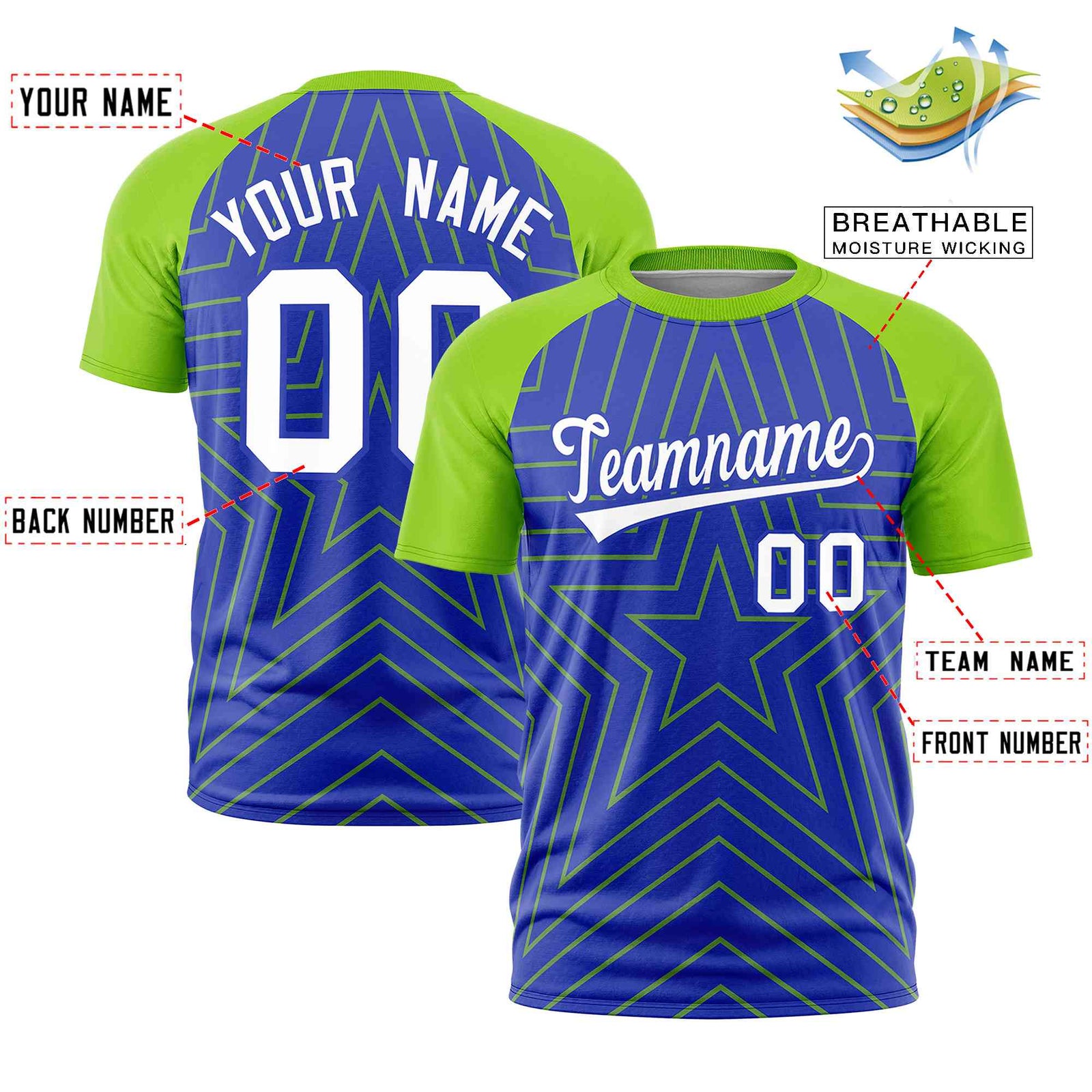 Custom Royal Neon Green Personalized Star Pattern Raglan Sleeves Performance T-Shirt