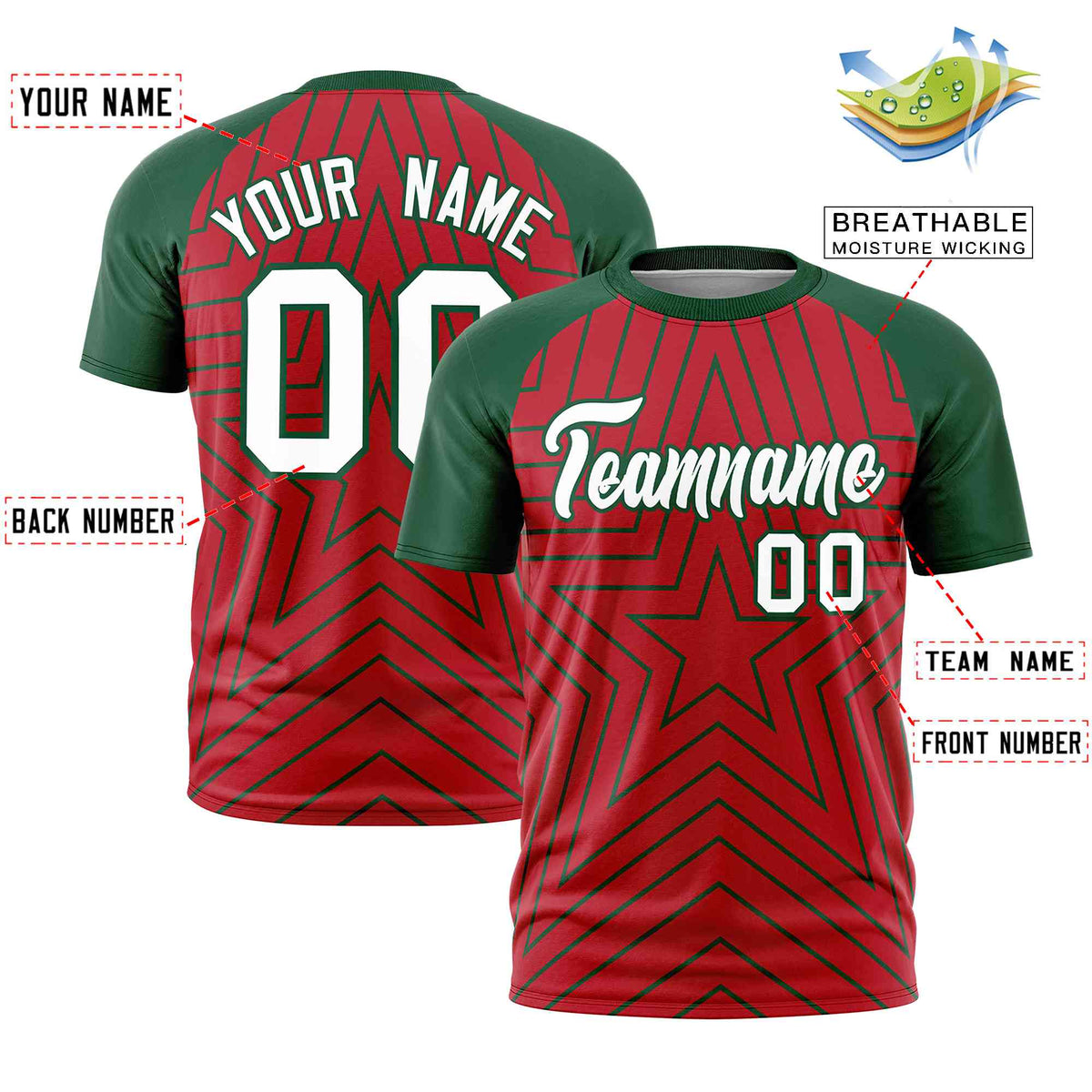 Custom Red Green Personalized Star Pattern Raglan Sleeves Performance T-Shirt