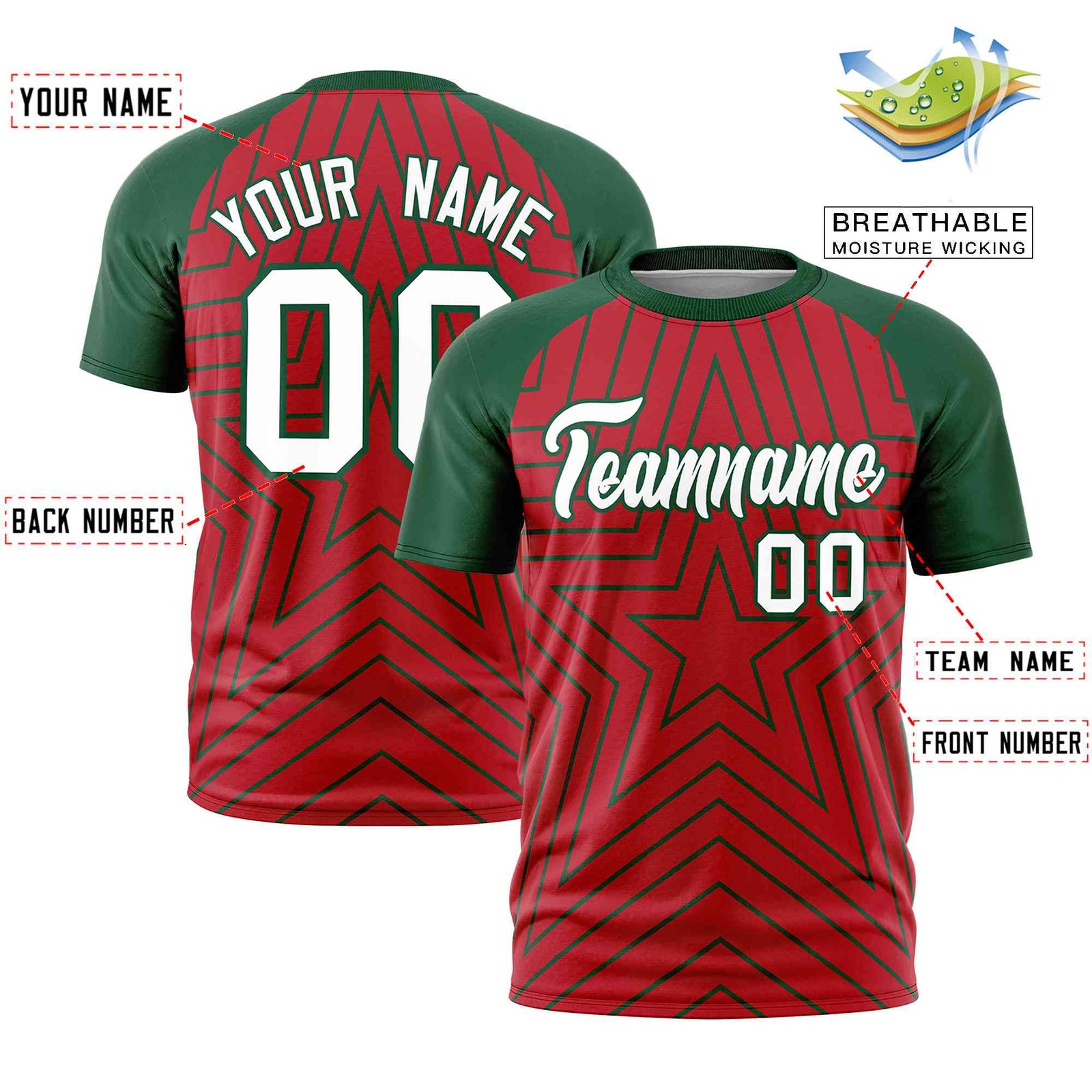 Custom Red Green Personalized Star Pattern Raglan Sleeves Performance T-Shirt
