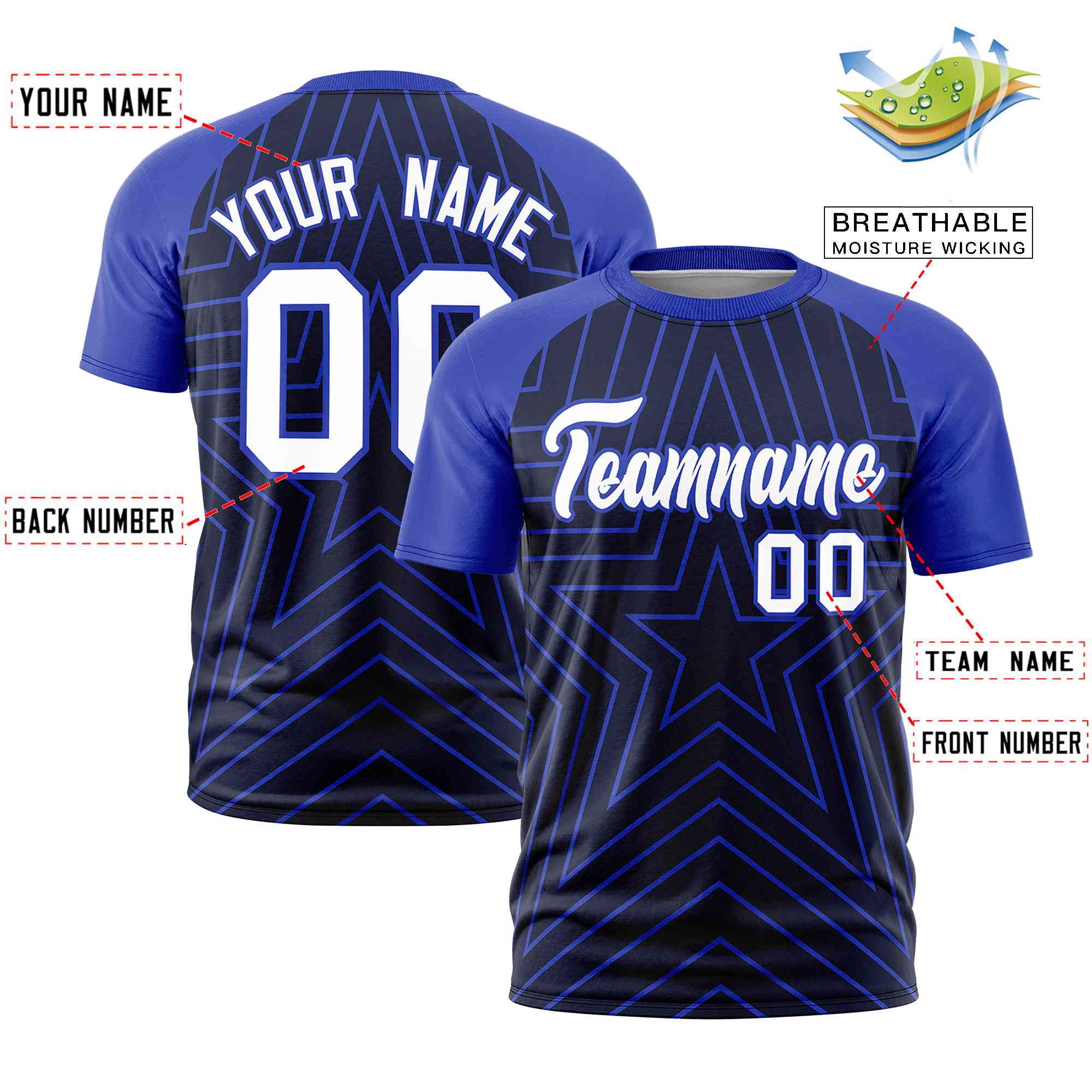 Custom Navy Royal Personalized Star Pattern Raglan Sleeves Performance T-Shirt