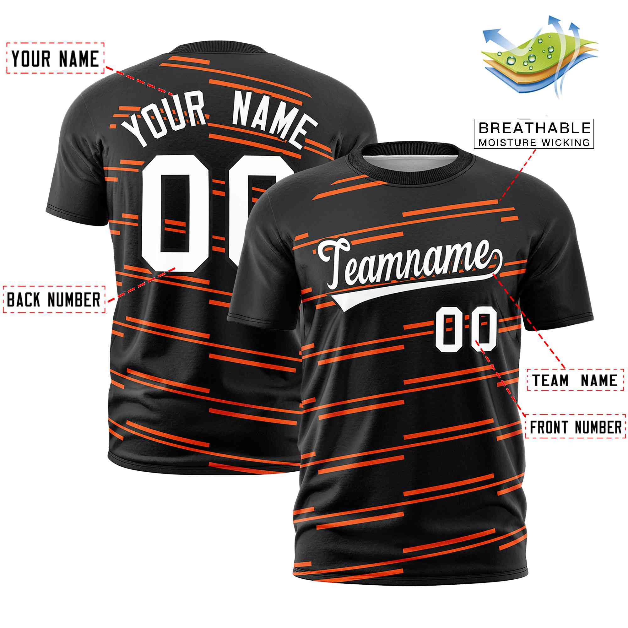 Custom Black Orange Personalized Slanting Line Graffiti Pattern Performance T-Shirt