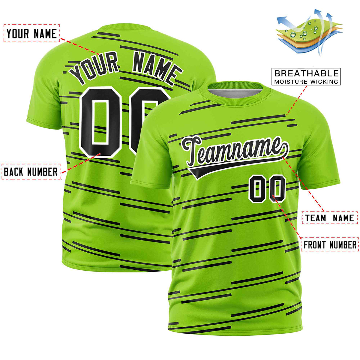 Custom Neon Green Black Personalized Slanting Line Graffiti Pattern Performance T-Shirt